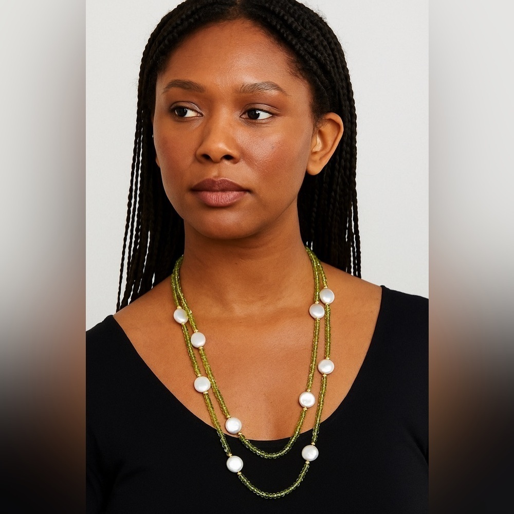 Zoe B 14 Kt Gold And Peridot With Button Pearls Necklace 36’ Rare Find